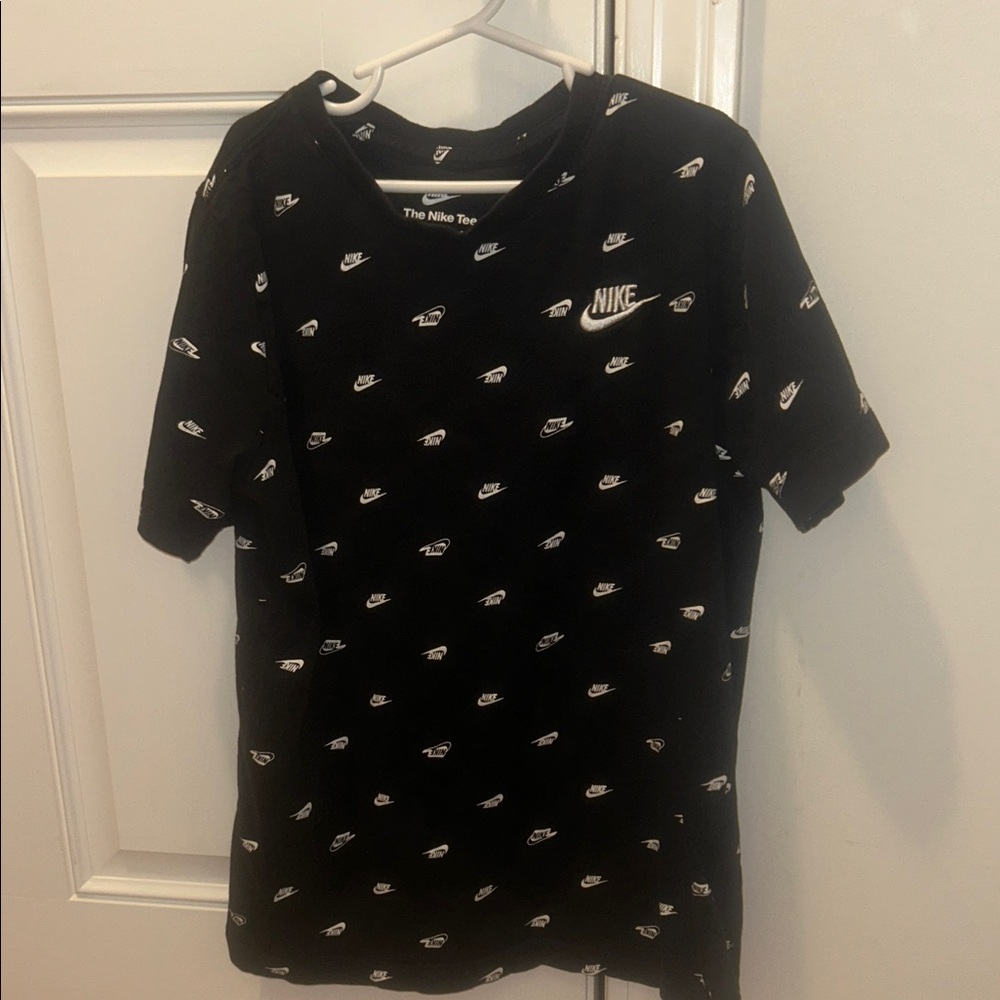 Nike Boys Large Nike Black Tee with White Mini Swoosh Pattern